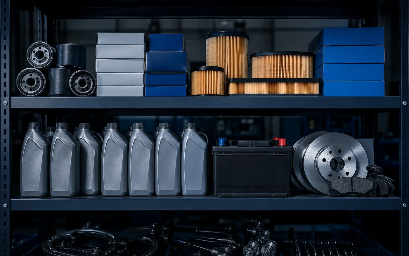 Oils, filters, batteries and brake parts on the shelf at GK Motors